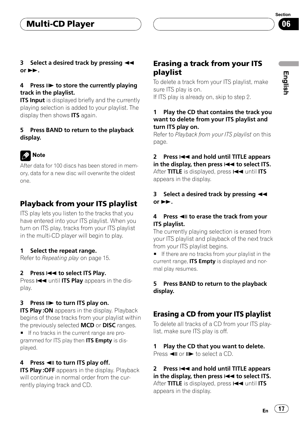 Multi-cd player, Playback from your its playlist, Erasing a track from your its playlist | Erasing a cd from your its playlist | Pioneer AXM-P7650 User Manual | Page 17 / 42