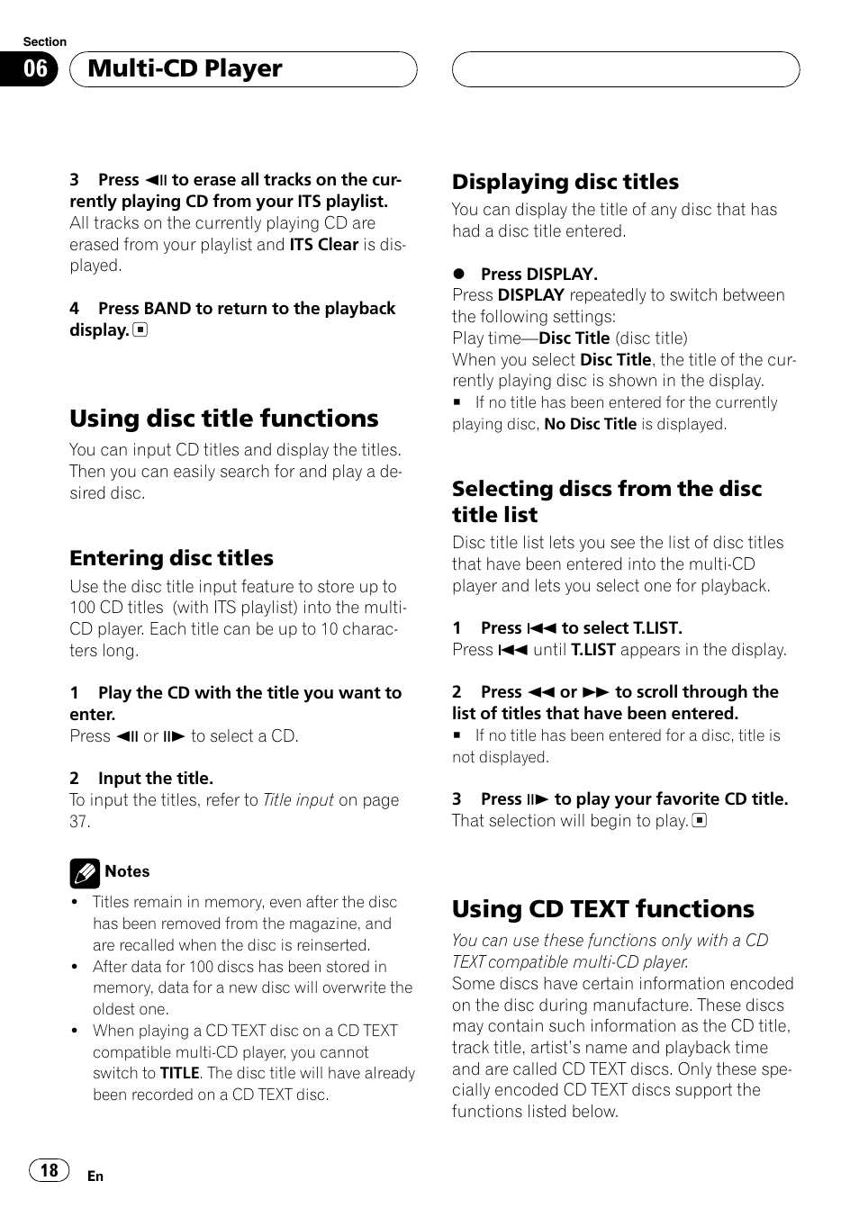 Using disc title functions, Using cd text functions, Multi-cd player | Entering disc titles, Displaying disc titles, Selecting discs from the disc title list | Pioneer AXM-P7650 User Manual | Page 18 / 42