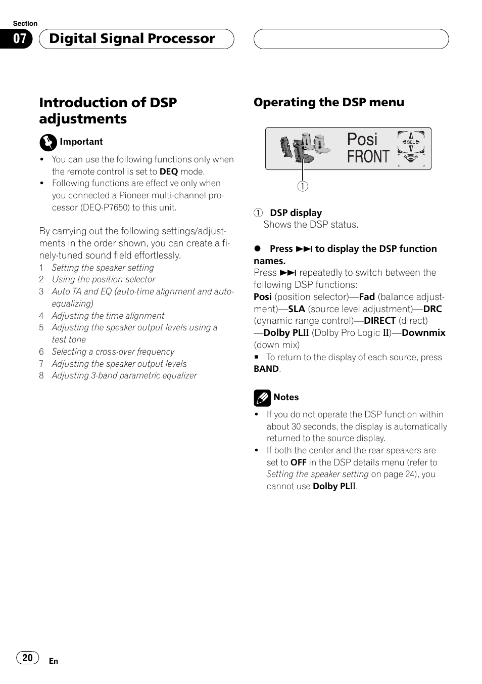 Introduction of dsp adjustments, Digital signal processor, Operating the dsp menu | Pioneer AXM-P7650 User Manual | Page 20 / 42