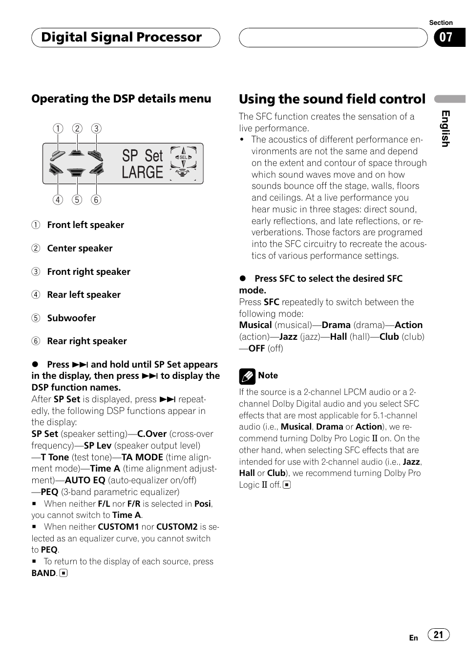 Using the sound field control 21, Using the sound field control, Digital signal processor | Operating the dsp details menu | Pioneer AXM-P7650 User Manual | Page 21 / 42