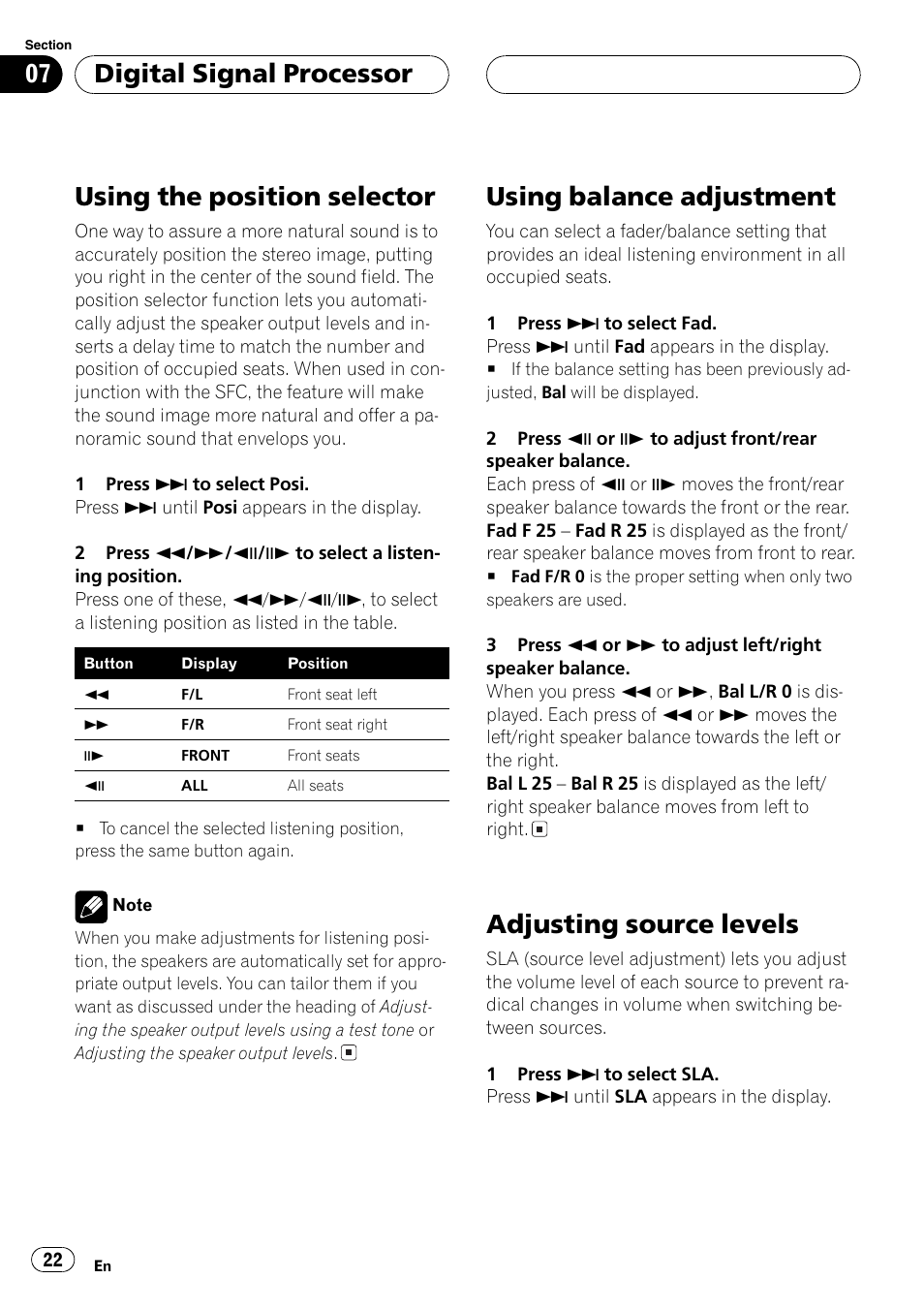 Using the position selector, Using balance adjustment, Adjusting source levels | Digital signal processor | Pioneer AXM-P7650 User Manual | Page 22 / 42