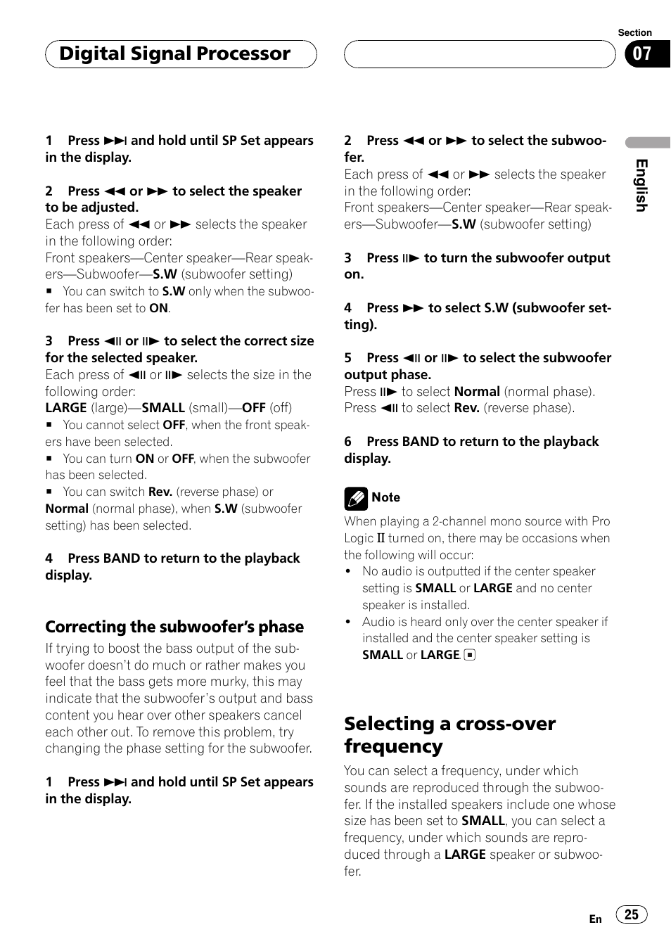 Selecting a cross-over frequency 25, Selecting a cross-over frequency, Digital signal processor | Correcting the subwoofers phase | Pioneer AXM-P7650 User Manual | Page 25 / 42