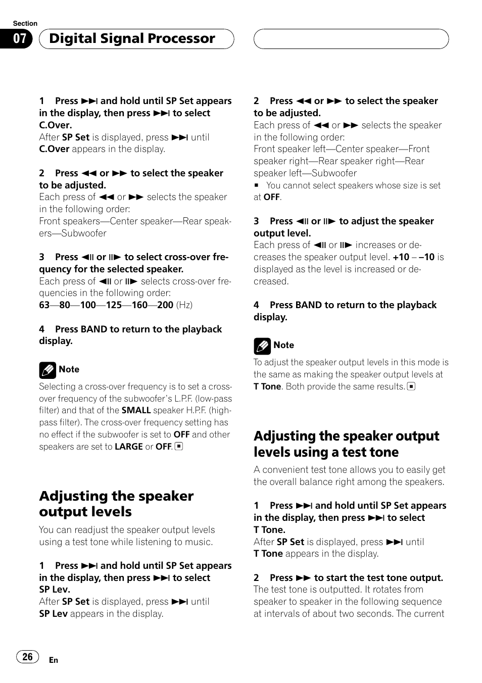 Test tone 26, Adjusting the speaker output levels using a, Test tone | Adjusting the speaker output levels, Digital signal processor | Pioneer AXM-P7650 User Manual | Page 26 / 42