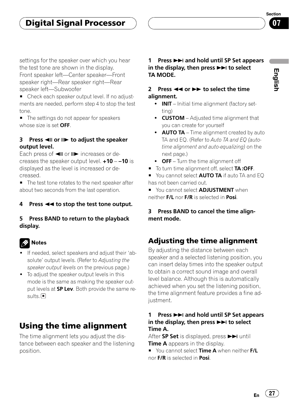 Using the time alignment 27, Adjusting the time alignment, Using the time alignment | Digital signal processor | Pioneer AXM-P7650 User Manual | Page 27 / 42