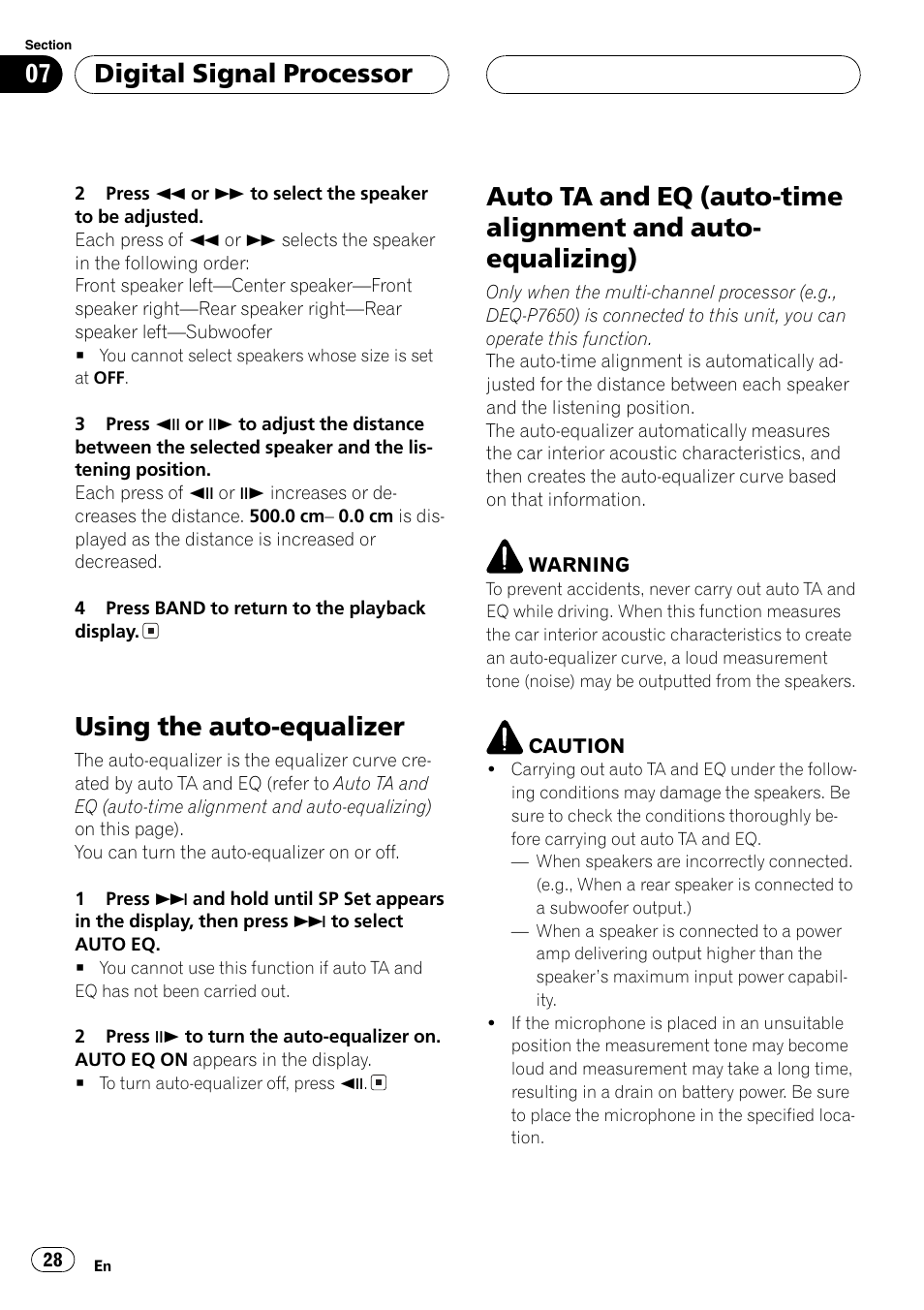 Auto-equalizing) 28, Auto ta and eq (auto-time alignment and auto, Equalizing) | Using the auto-equalizer, Digital signal processor | Pioneer AXM-P7650 User Manual | Page 28 / 42