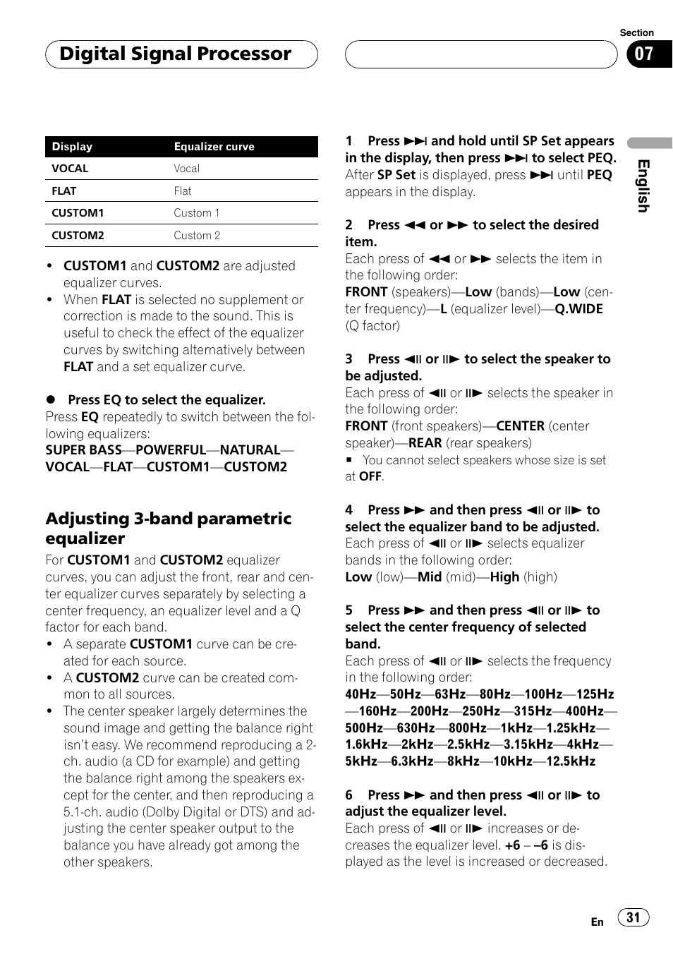 Adjusting 3-band parametric equalizer, Digital signal processor | Pioneer AXM-P7650 User Manual | Page 31 / 42