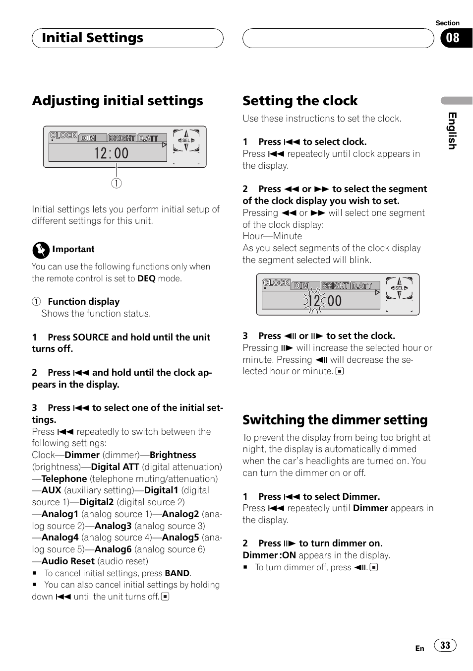 Adjusting initial settings, Setting the clock, Switching the dimmer setting | Initial settings | Pioneer AXM-P7650 User Manual | Page 33 / 42