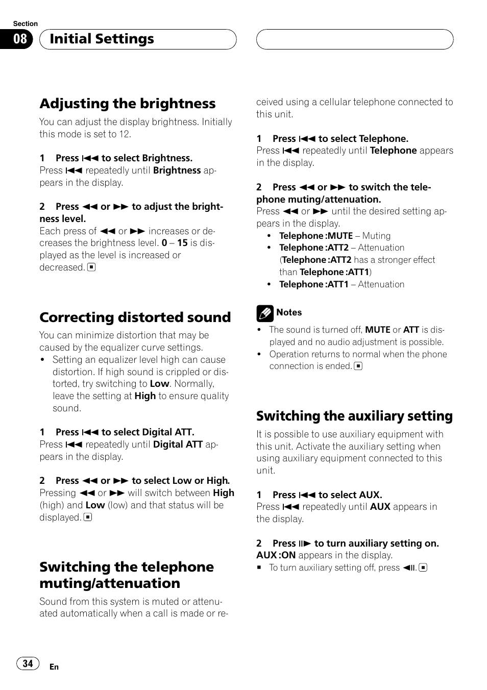 Switching the telephone muting, Attenuation 34, Switching the auxiliary setting 34 | Adjusting the brightness, Correcting distorted sound, Switching the telephone muting/attenuation, Switching the auxiliary setting, Initial settings | Pioneer AXM-P7650 User Manual | Page 34 / 42