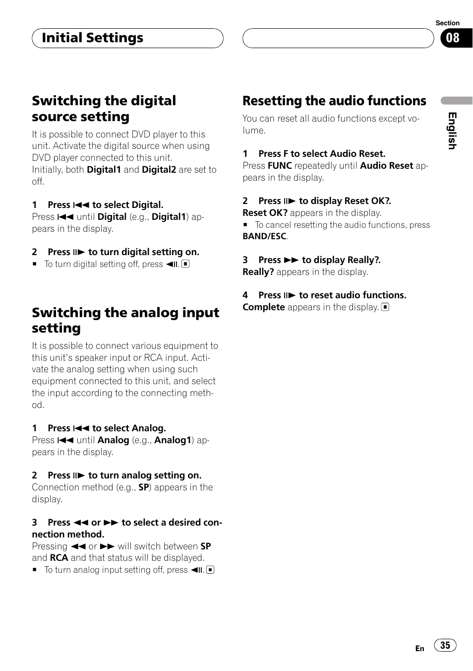 Switching the analog, Switching the digital source setting, Switching the analog input setting | Resetting the audio functions, Initial settings | Pioneer AXM-P7650 User Manual | Page 35 / 42