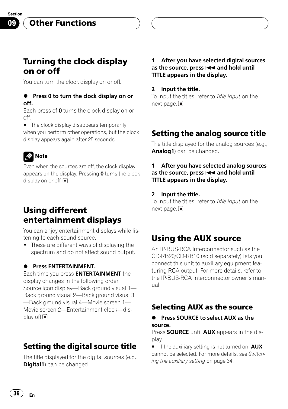 Turning the clock display on or off, Using different entertainment displays, Setting the digital source title | Setting the analog source title, Using the aux source, Other functions | Pioneer AXM-P7650 User Manual | Page 36 / 42