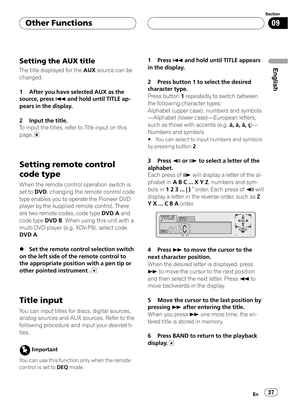 Setting remote control code type 37 title input 37, Title input on the, Setting remote control code type | Title input, Other functions, Setting the aux title | Pioneer AXM-P7650 User Manual | Page 37 / 42