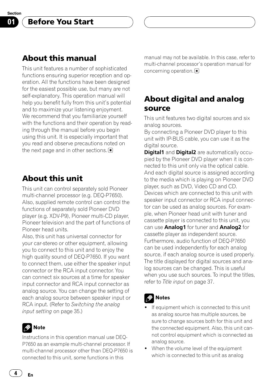 About this manual, About this unit, About digital and analog source | Before you start | Pioneer AXM-P7650 User Manual | Page 4 / 42