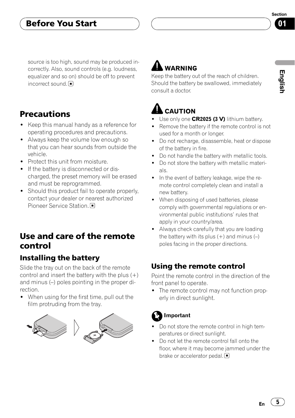 Precautions 5 use and care of the remote control 5, Precautions, Use and care of the remote control | Before you start, Installing the battery, Using the remote control | Pioneer AXM-P7650 User Manual | Page 5 / 42