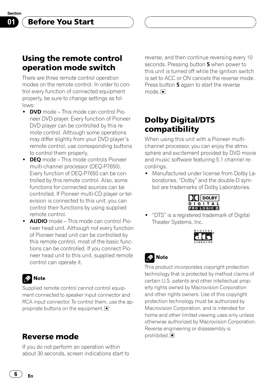 Using the remote control operation mode, Switch 6, Reverse mode 6 dolby digital/dts compatibility 6 | Using the remote control operation mode switch, Reverse mode, Dolby digital/dts compatibility, Before you start | Pioneer AXM-P7650 User Manual | Page 6 / 42