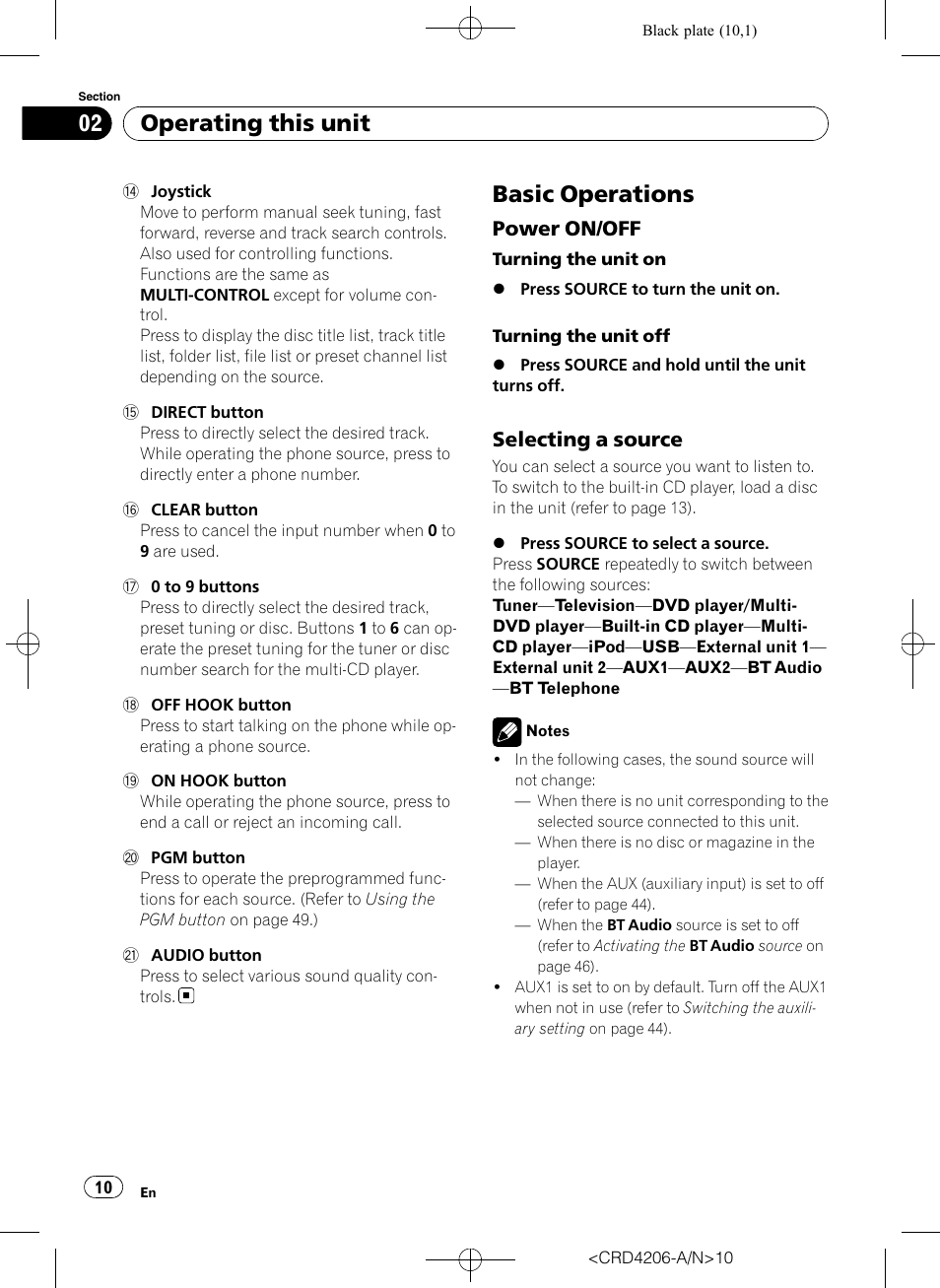 Basic operations, Power on/off 10, Selecting a source 10 | Operating this unit, Power on/off, Selecting a source | Pioneer Super Tuner III D DEH-P8950BT User Manual | Page 10 / 204