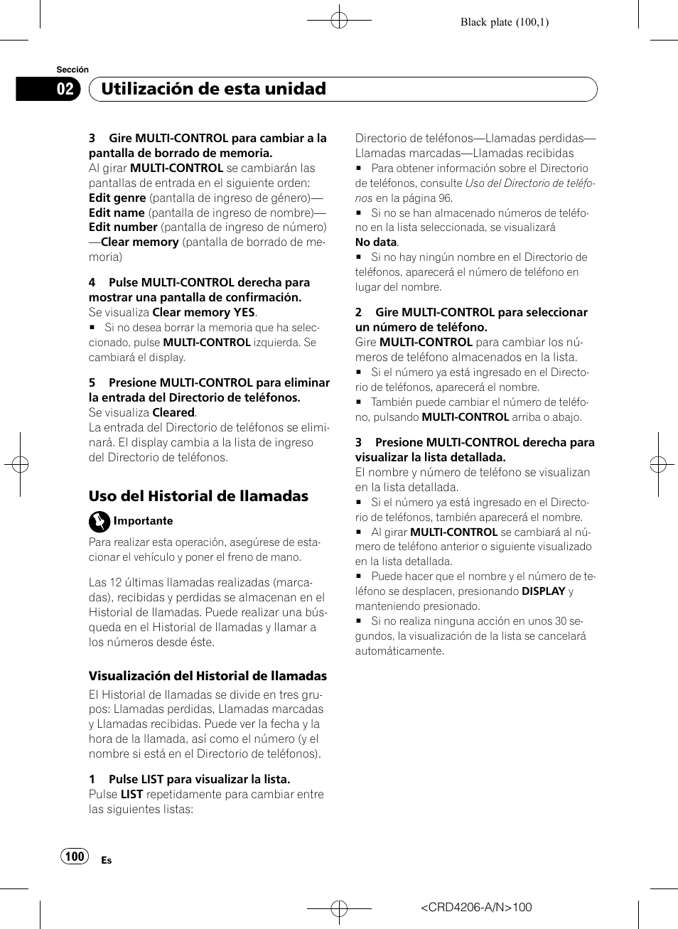 Uso del historial de llamadas 100, Utilización de esta unidad, Uso del historial de llamadas | Pioneer Super Tuner III D DEH-P8950BT User Manual | Page 100 / 204