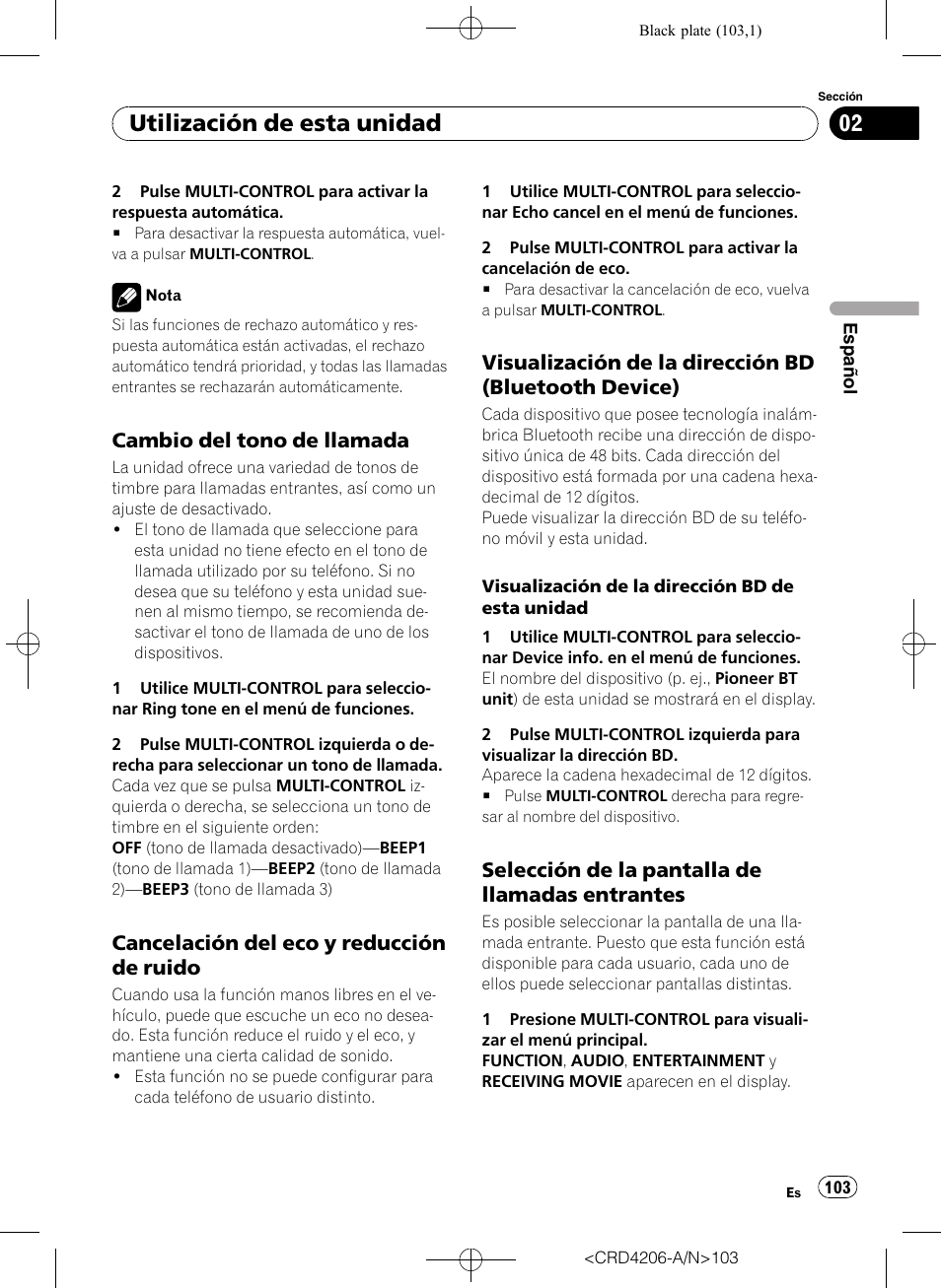 Cambio del tono de llamada 103, Cancelación del eco y reducción de, Ruido | Visualización de la dirección bd, Bluetooth device), Selección de la pantalla de llamadas, Entrantes, Utilización de esta unidad, Cambio del tono de llamada, Cancelación del eco y reducción de ruido | Pioneer Super Tuner III D DEH-P8950BT User Manual | Page 103 / 204