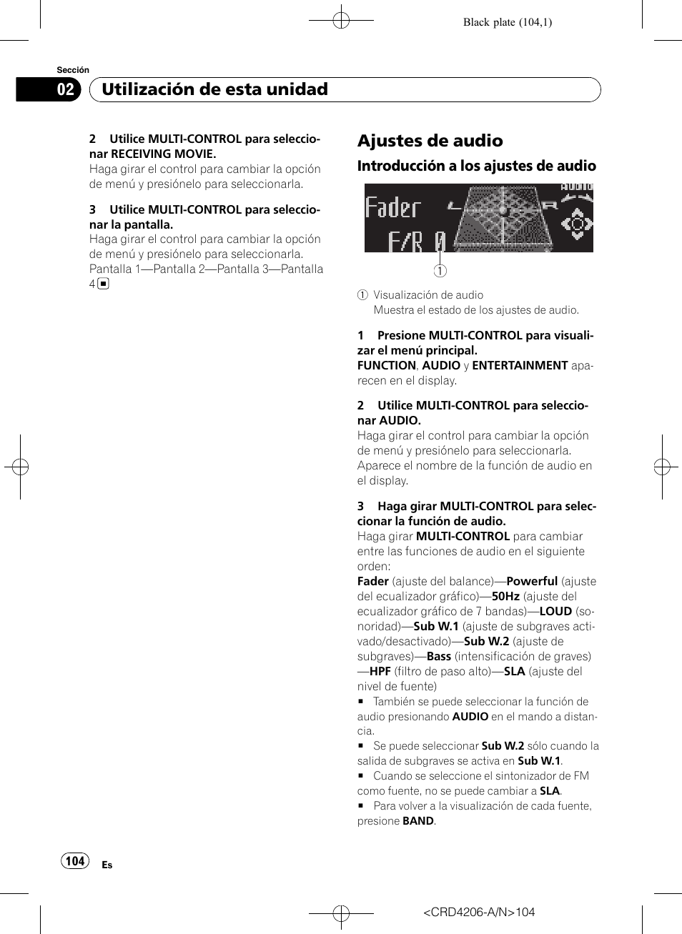 Ajustes de audio, Introducción a los ajustes de, Audio | Utilización de esta unidad, Introducción a los ajustes de audio 1 1 1 | Pioneer Super Tuner III D DEH-P8950BT User Manual | Page 104 / 204