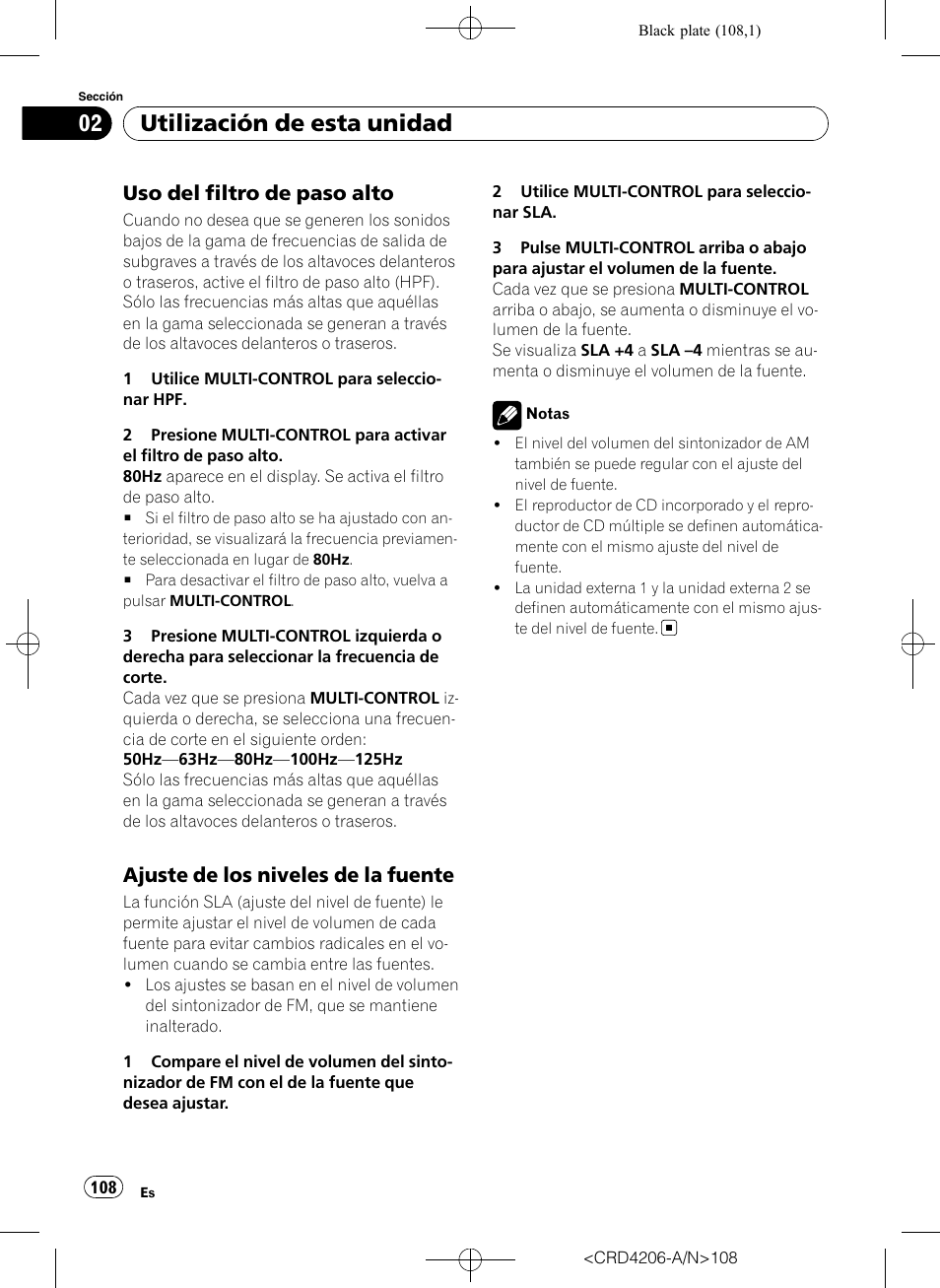 Uso del filtro de paso alto 108, Ajuste de los niveles de la fuente 108, Utilización de esta unidad | Uso del filtro de paso alto, Ajuste de los niveles de la fuente | Pioneer Super Tuner III D DEH-P8950BT User Manual | Page 108 / 204