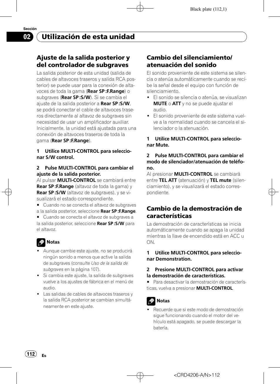 Ajuste de la salida posterior y del, Controlador de subgraves, Cambio del silenciamiento/atenuación | Del sonido, Cambio de la demostración de, Características, Utilización de esta unidad, Cambio del silenciamiento/ atenuación del sonido, Cambio de la demostración de características | Pioneer Super Tuner III D DEH-P8950BT User Manual | Page 112 / 204