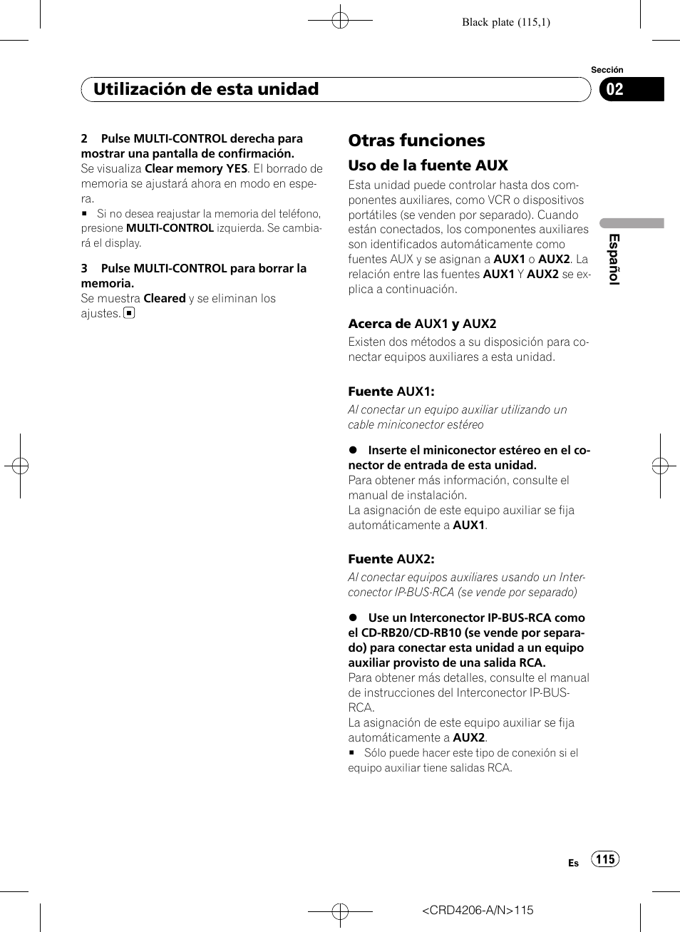 Otras funciones, Uso de la fuente aux 115, Utilización de esta unidad | Uso de la fuente aux | Pioneer Super Tuner III D DEH-P8950BT User Manual | Page 115 / 204