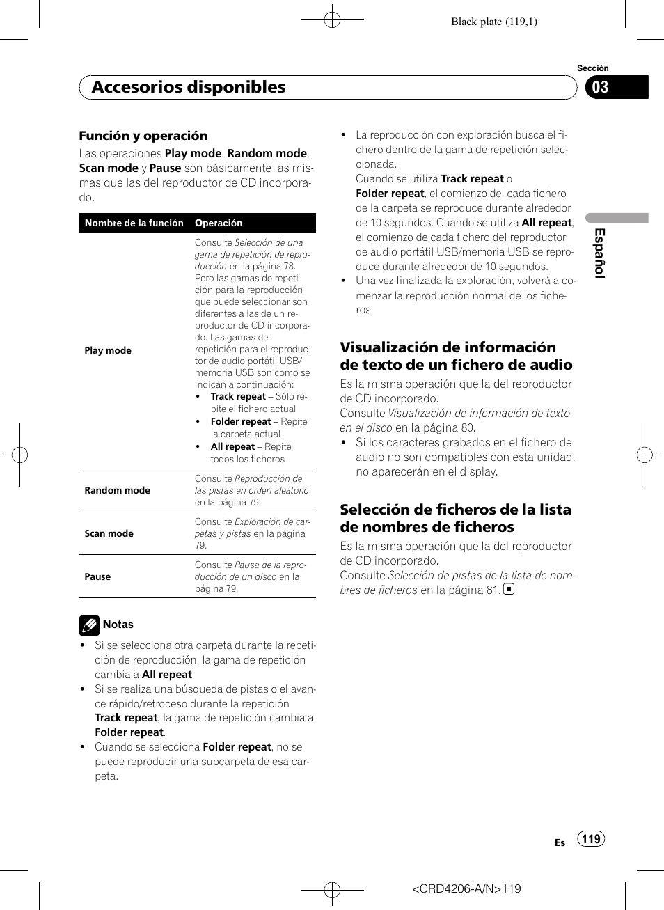 Visualización de información de texto, De un fichero de audio, Selección de ficheros de la lista de | Nombres de ficheros, Accesorios disponibles | Pioneer Super Tuner III D DEH-P8950BT User Manual | Page 119 / 204