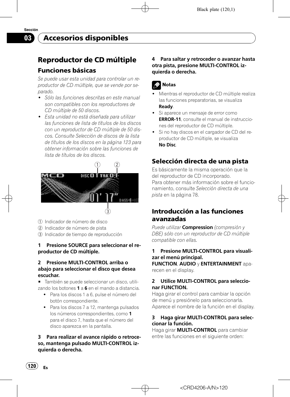 Reproductor de cd múltiple, Funciones básicas 120, Selección directa de una pista 120 | Introducción a las funciones, Avanzadas, Accesorios disponibles, Funciones básicas, Selección directa de una pista, Introducción a las funciones avanzadas | Pioneer Super Tuner III D DEH-P8950BT User Manual | Page 120 / 204