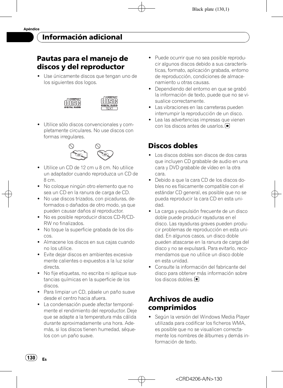 Pautas para el manejo de discos y del, Reproductor, Discos dobles | Archivos de audio comprimidos, Pautas para el manejo de discos y del reproductor, Información adicional | Pioneer Super Tuner III D DEH-P8950BT User Manual | Page 130 / 204