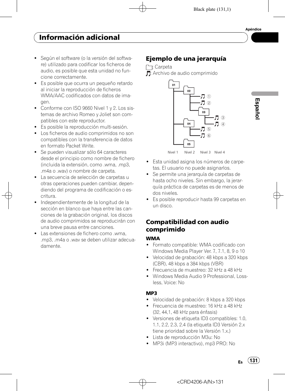 Ejemplo de una jerarquía 131, Compatibilidad con audio, Comprimido | Información adicional, Ejemplo de una jerarquía, Compatibilidad con audio comprimido | Pioneer Super Tuner III D DEH-P8950BT User Manual | Page 131 / 204