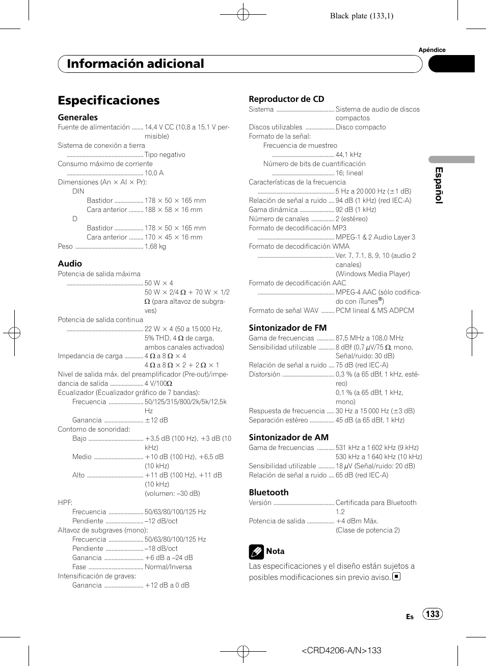 Especificaciones, Información adicional, Español | Pioneer Super Tuner III D DEH-P8950BT User Manual | Page 133 / 204