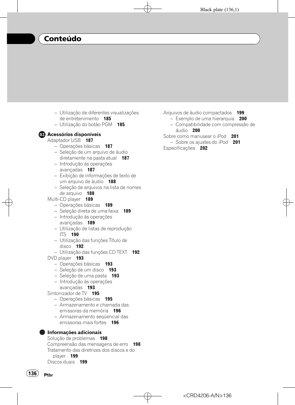 Conteúdo | Pioneer Super Tuner III D DEH-P8950BT User Manual | Page 136 / 204