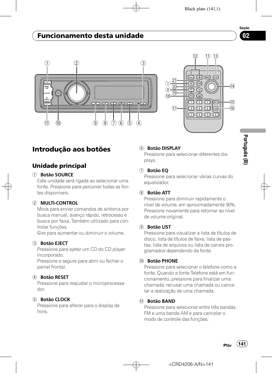 Funcionamento desta unidade introdução aos botões, Unidade principal 141, Introdução aos botões | Funcionamento desta unidade | Pioneer Super Tuner III D DEH-P8950BT User Manual | Page 141 / 204