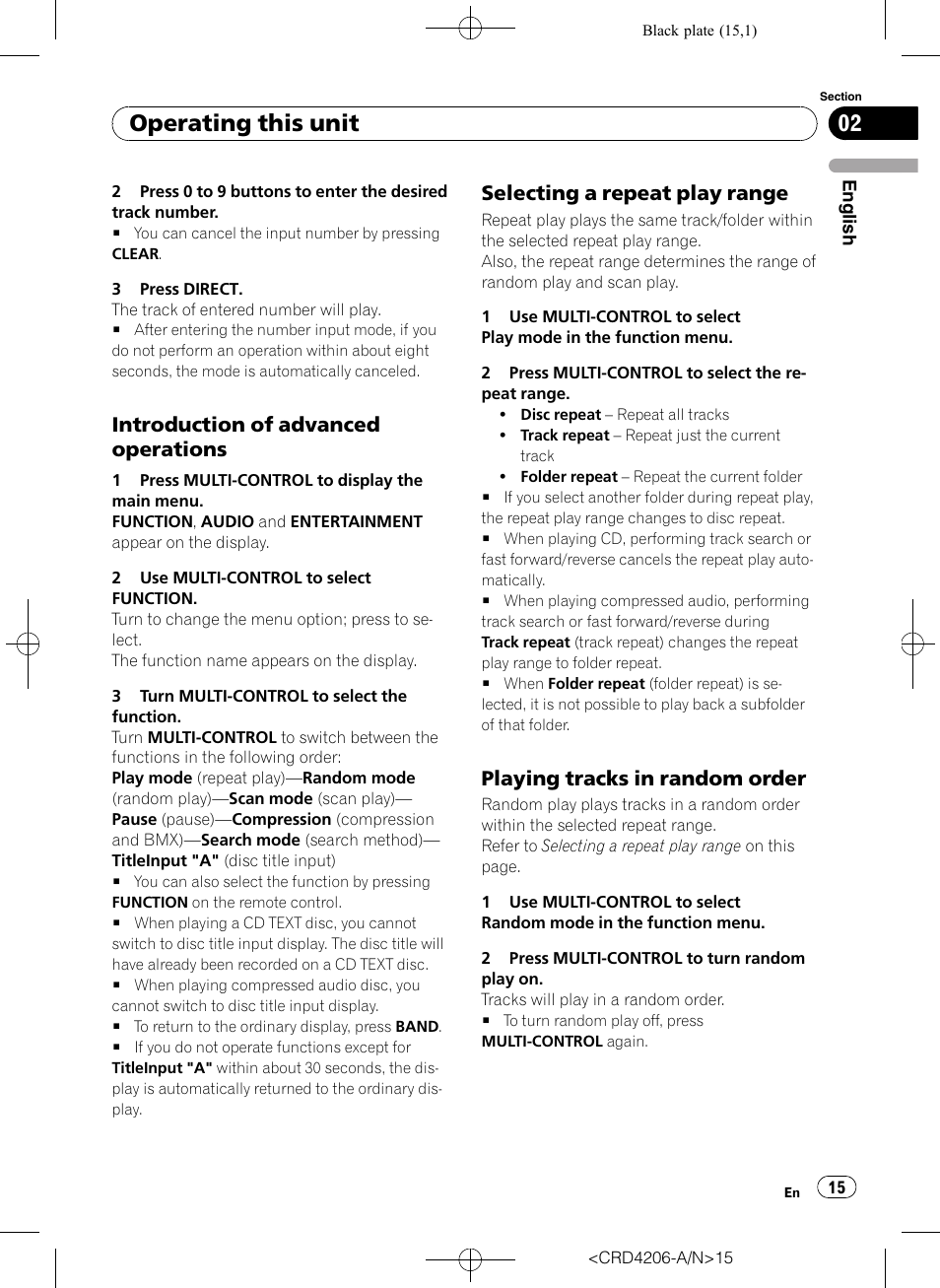 Introduction of advanced, Operations, Selecting a repeat play range 15 | Playing tracks in random order 15, Operating this unit, Introduction of advanced operations, Selecting a repeat play range, Playing tracks in random order | Pioneer Super Tuner III D DEH-P8950BT User Manual | Page 15 / 204