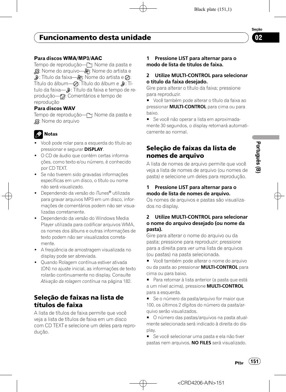 Seleção de faixas na lista de títulos de, Faixa, Seleção de faixas da lista de nomes de | Arquivo, Funcionamento desta unidade, Seleção de faixas na lista de títulos de faixa, Seleção de faixas da lista de nomes de arquivo | Pioneer Super Tuner III D DEH-P8950BT User Manual | Page 151 / 204