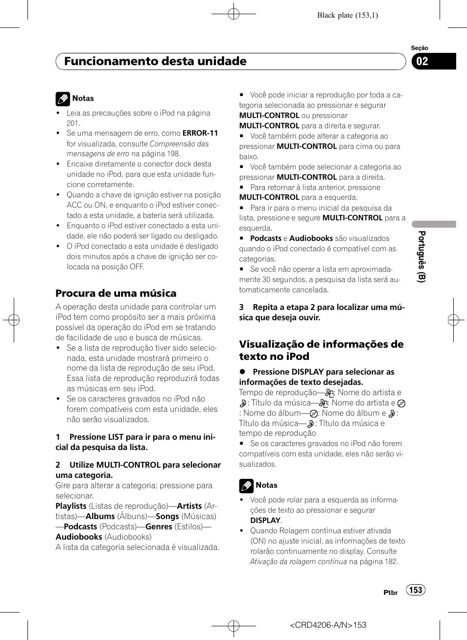 Procura de uma música 153, Visualização de informações de texto, No ipod | Funcionamento desta unidade, Procura de uma música, Visualização de informações de texto no ipod | Pioneer Super Tuner III D DEH-P8950BT User Manual | Page 153 / 204