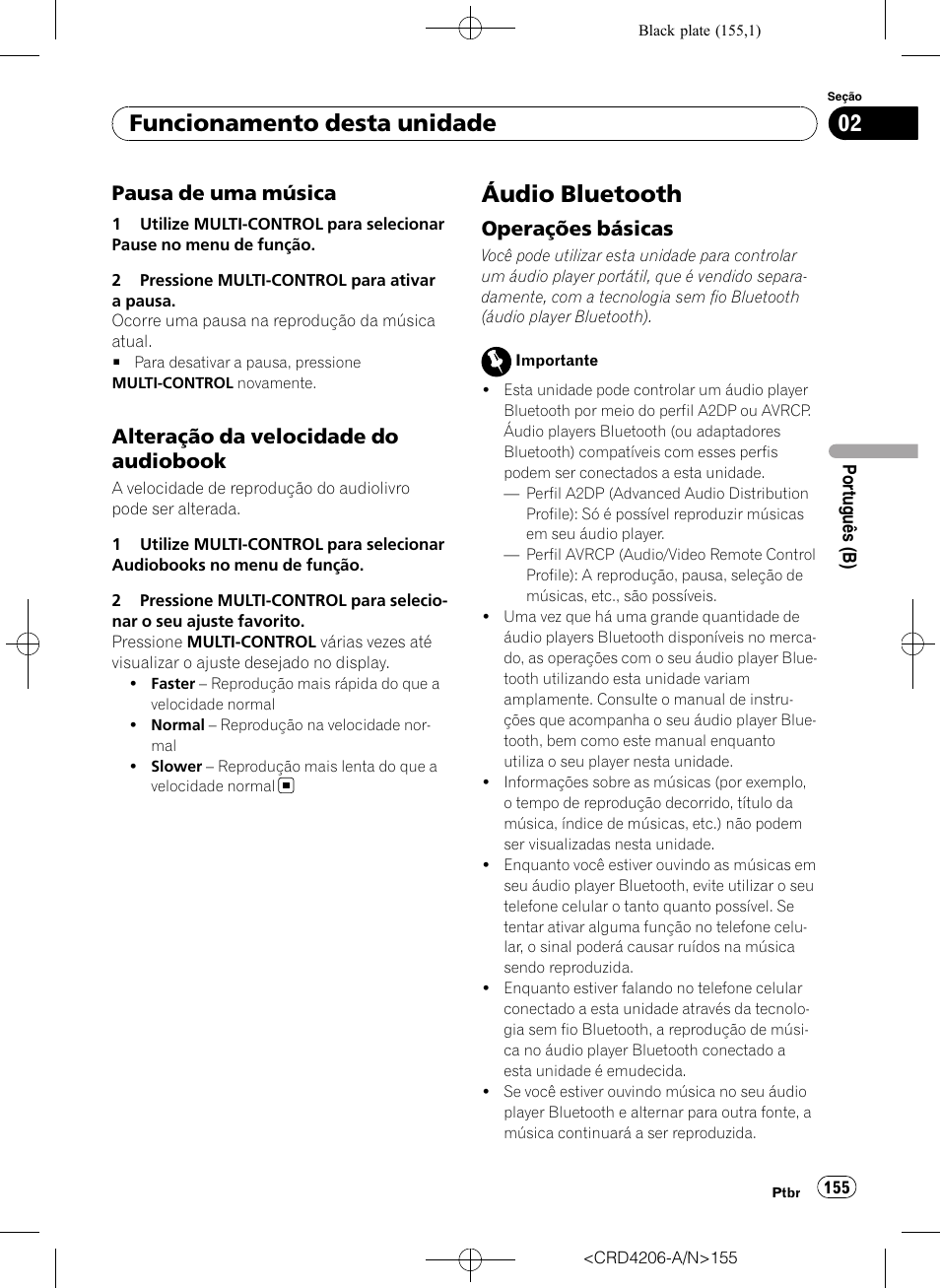 Pausa de uma música 155, Alteração da velocidade do, Audiobook | Áudio bluetooth, Operações básicas 155, Funcionamento desta unidade, Pausa de uma música, Alteração da velocidade do audiobook, Operações básicas | Pioneer Super Tuner III D DEH-P8950BT User Manual | Page 155 / 204