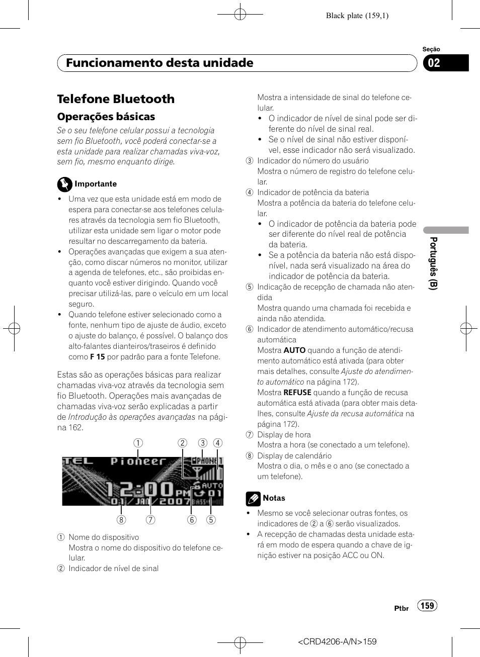 Telefone bluetooth, Operações básicas 159, Funcionamento desta unidade | Operações básicas | Pioneer Super Tuner III D DEH-P8950BT User Manual | Page 159 / 204