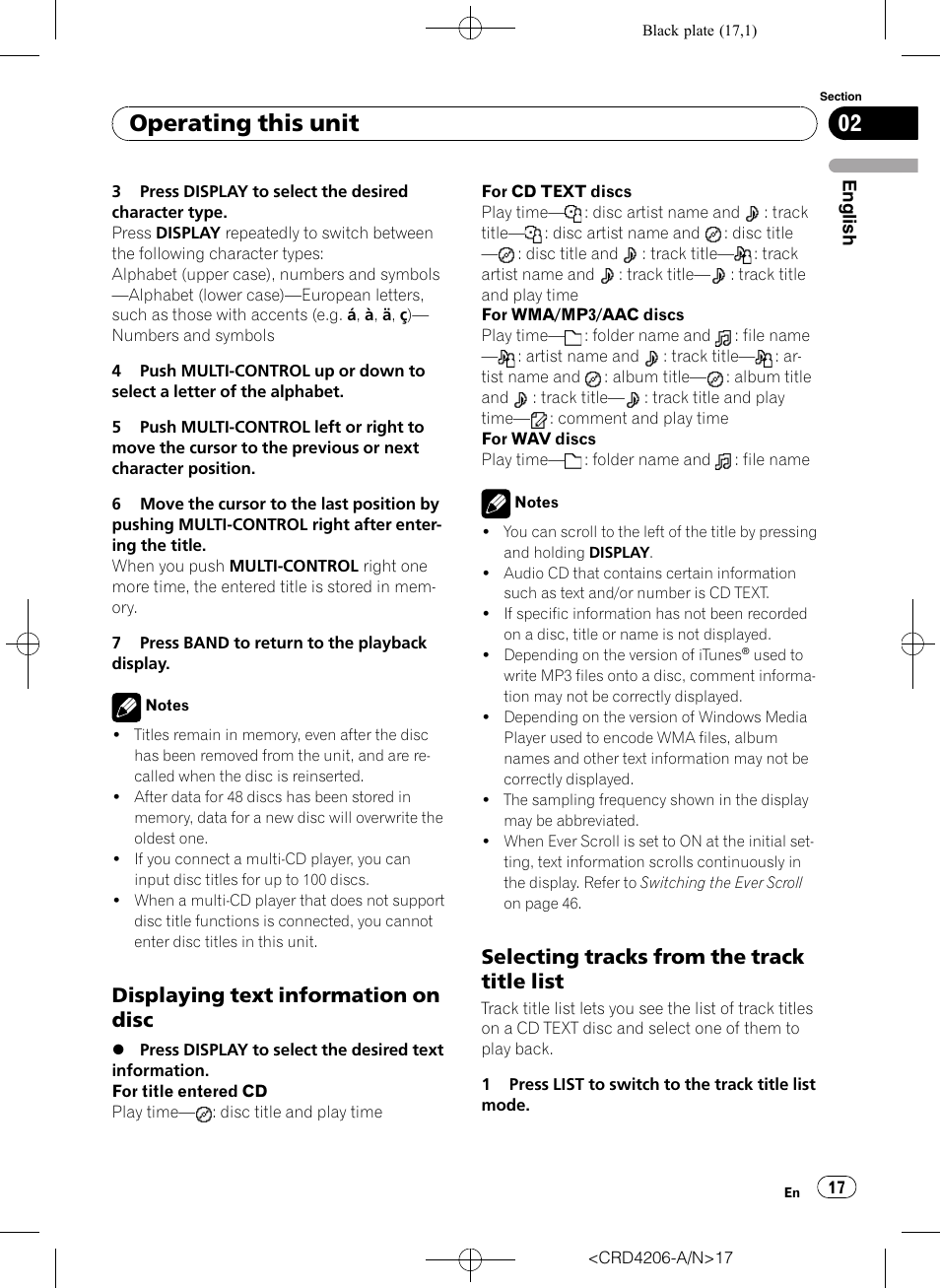 Displaying text information on disc 17, Selecting tracks from the track title, List | Operating this unit, Displaying text information on disc, Selecting tracks from the track title list | Pioneer Super Tuner III D DEH-P8950BT User Manual | Page 17 / 204