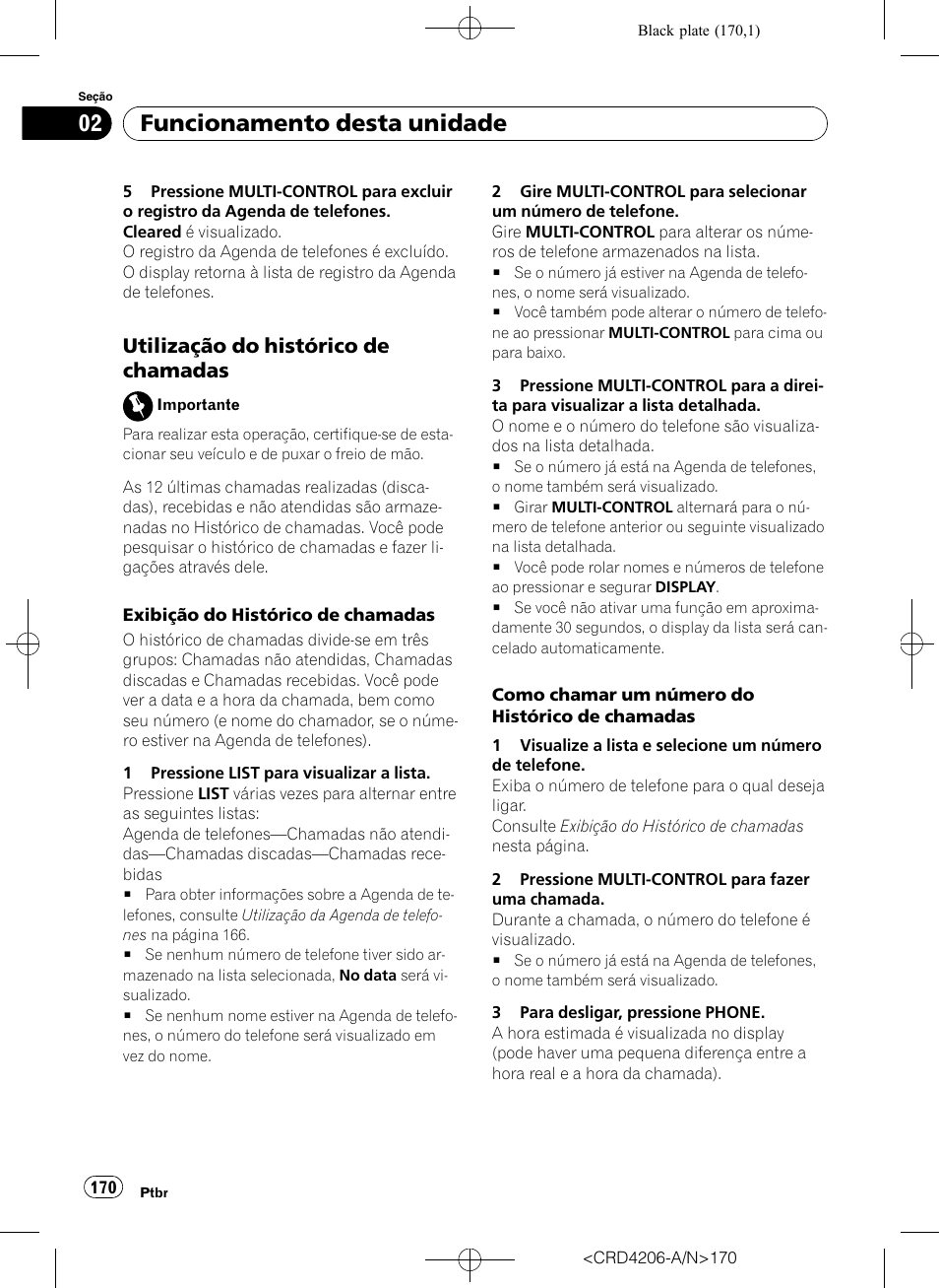 Utilização do histórico de, Chamadas, Funcionamento desta unidade | Utilização do histórico de chamadas | Pioneer Super Tuner III D DEH-P8950BT User Manual | Page 170 / 204