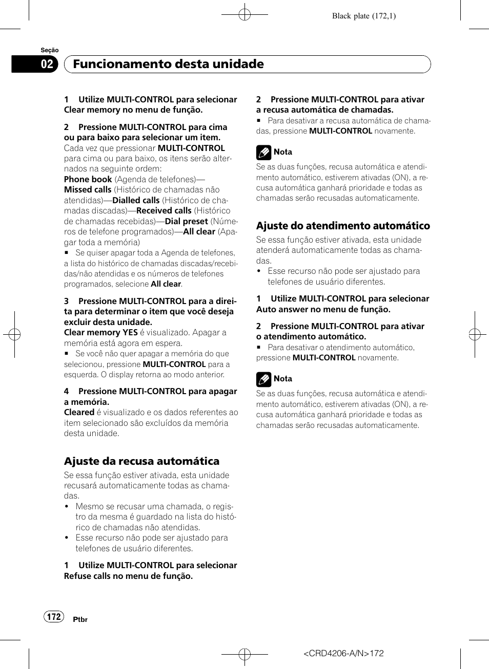 Ajuste da recusa automática 172, Ajuste do atendimento, Automático | Funcionamento desta unidade, Ajuste da recusa automática, Ajuste do atendimento automático | Pioneer Super Tuner III D DEH-P8950BT User Manual | Page 172 / 204