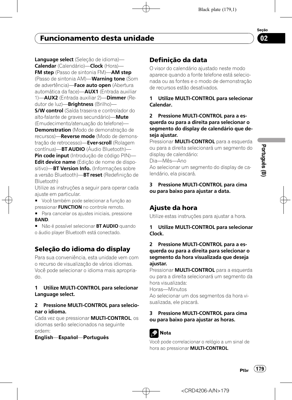 Seleção do idioma do display 179, Definição da data 179, Ajuste da hora 179 | Funcionamento desta unidade, Seleção do idioma do display, Definição da data, Ajuste da hora | Pioneer Super Tuner III D DEH-P8950BT User Manual | Page 179 / 204