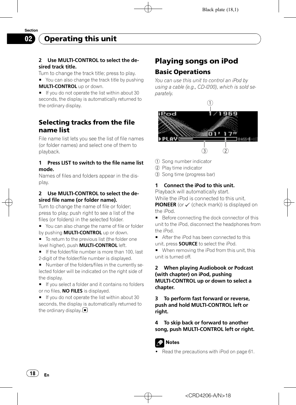 Selecting tracks from the file name, List, Playing songs on ipod | Basic operations 18, Operating this unit, Selecting tracks from the file name list, Basic operations | Pioneer Super Tuner III D DEH-P8950BT User Manual | Page 18 / 204