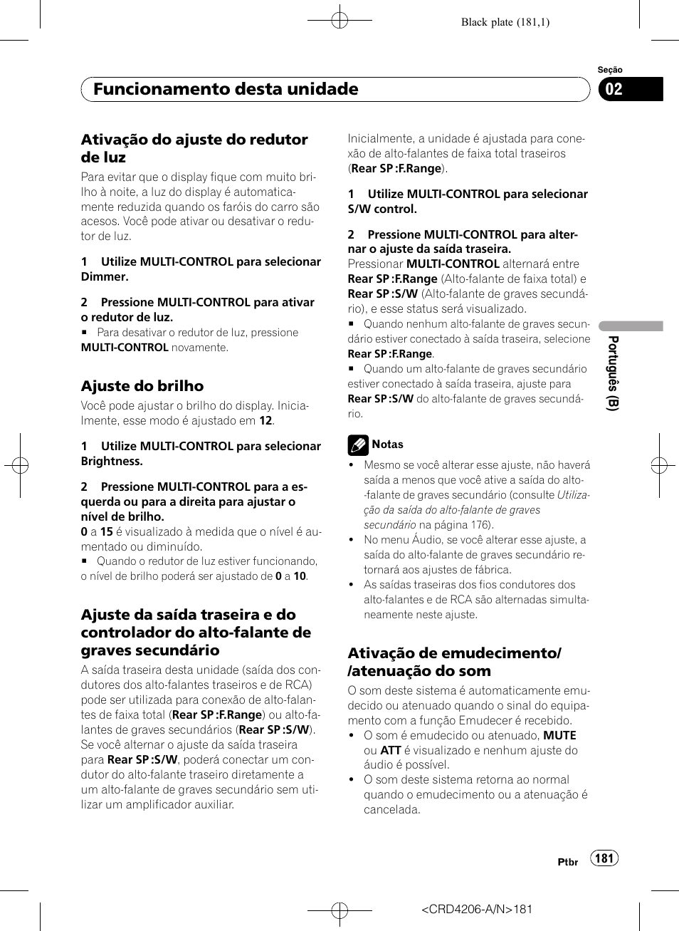 Ativação do ajuste do redutor de, Ajuste do brilho 181, Ajuste da saída traseira e do | Controlador do alto-falante de graves secundário, Ativação de emudecimento/atenuação, Do som, Funcionamento desta unidade, Ativação do ajuste do redutor de luz, Ajuste do brilho, Ativação de emudecimento/ /atenuação do som | Pioneer Super Tuner III D DEH-P8950BT User Manual | Page 181 / 204