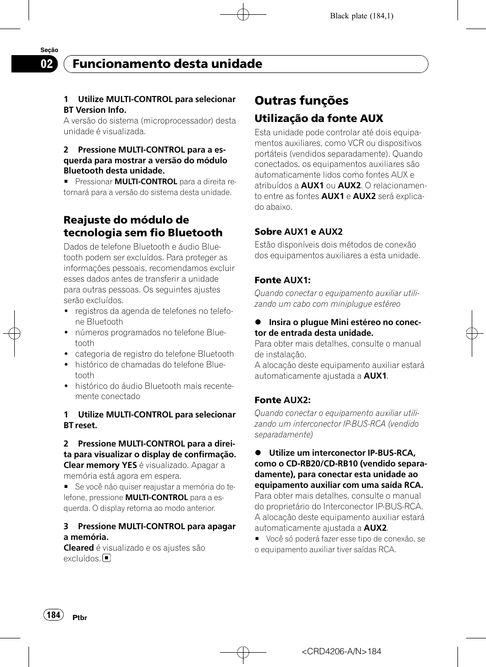 Reajuste do módulo de tecnologia sem, Fio bluetooth, Outras funções | Utilização da fonte aux 184, Funcionamento desta unidade, Reajuste do módulo de tecnologia sem fio bluetooth, Utilização da fonte aux | Pioneer Super Tuner III D DEH-P8950BT User Manual | Page 184 / 204