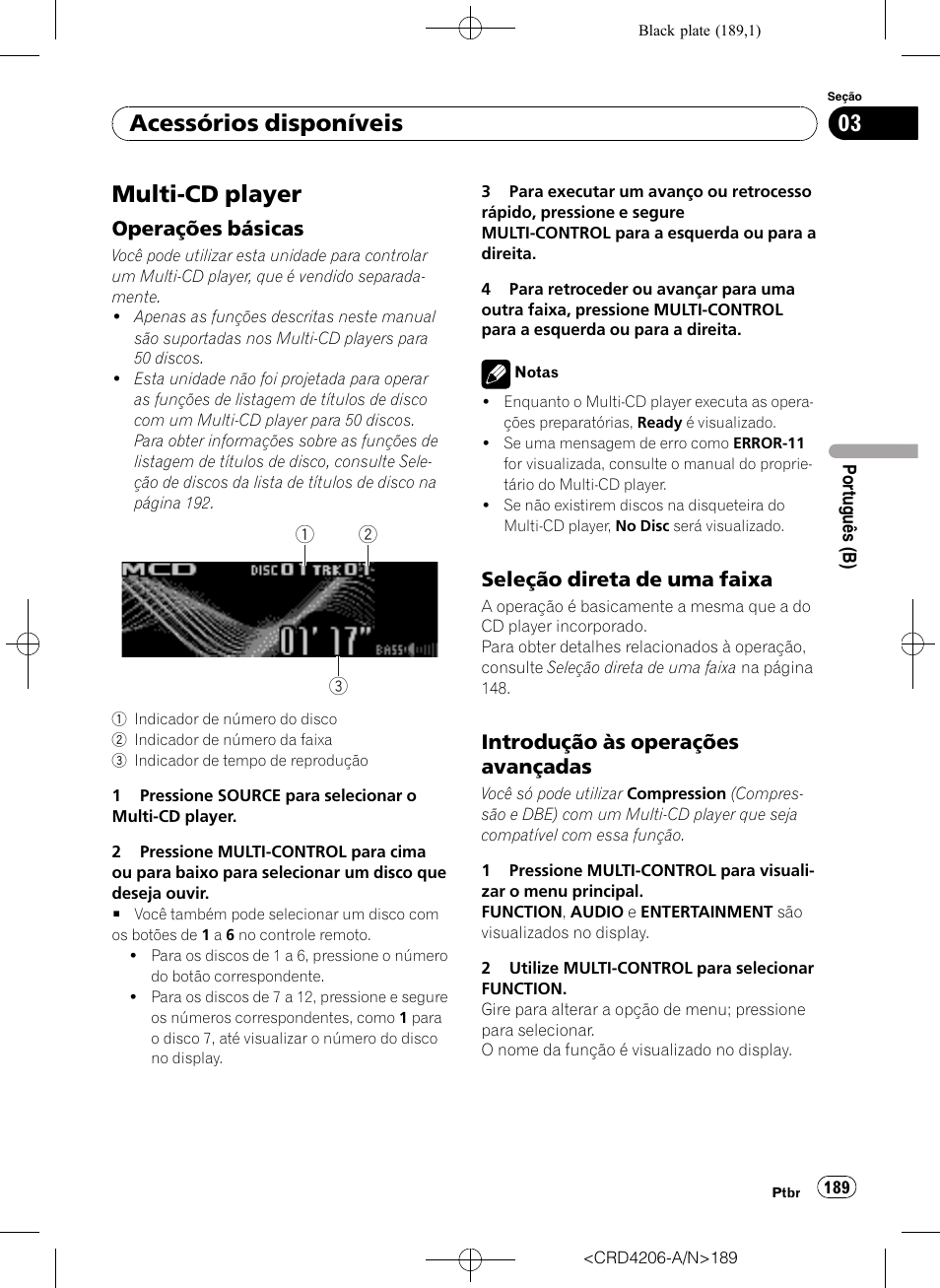 Multi-cd player, Operações básicas 189, Seleção direta de uma faixa 189 | Introdução às operações, Avançadas, Acessórios disponíveis, Operações básicas, Seleção direta de uma faixa, Introdução às operações avançadas | Pioneer Super Tuner III D DEH-P8950BT User Manual | Page 189 / 204