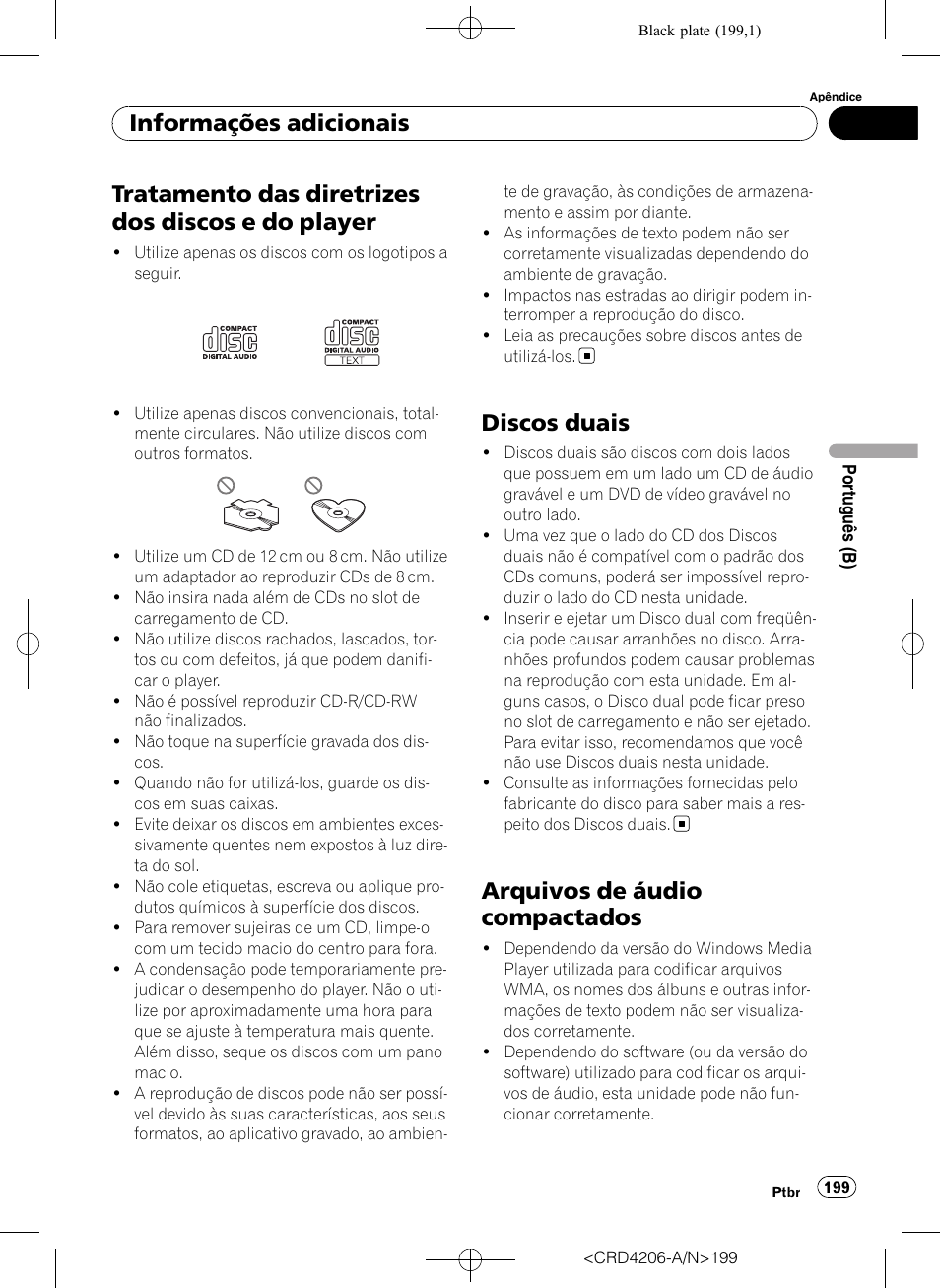 Tratamento das diretrizes dos discos e do, Player, Discos duais | Arquivos de áudio compactados, Tratamento das diretrizes dos discos e do player, Informações adicionais | Pioneer Super Tuner III D DEH-P8950BT User Manual | Page 199 / 204