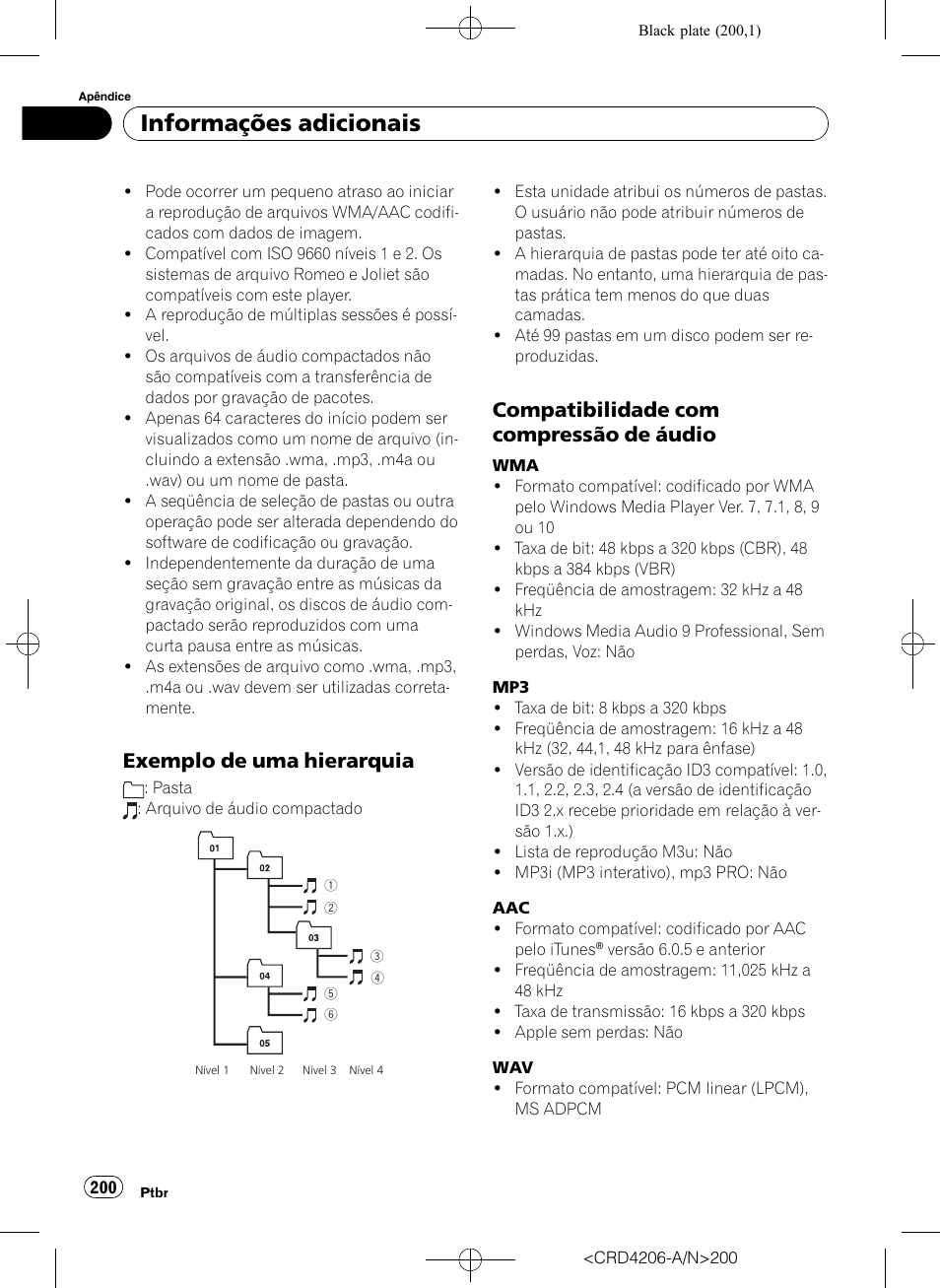 Exemplo de uma hierarquia 200, Compatibilidade com compressão de, Áudio | Informações adicionais, Exemplo de uma hierarquia, Compatibilidade com compressão de áudio | Pioneer Super Tuner III D DEH-P8950BT User Manual | Page 200 / 204