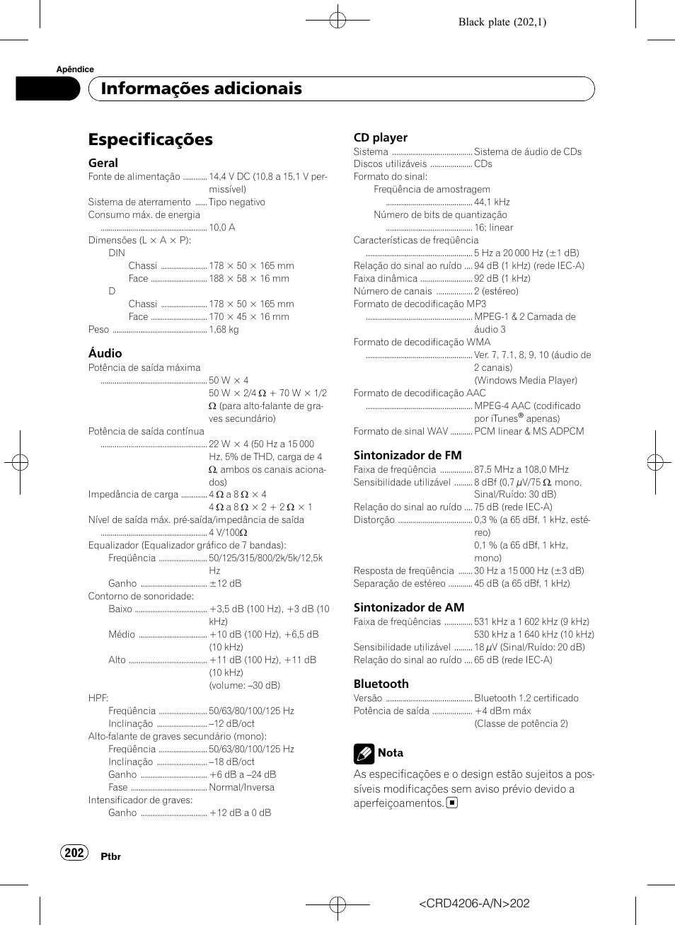Especificações, Informações adicionais | Pioneer Super Tuner III D DEH-P8950BT User Manual | Page 202 / 204