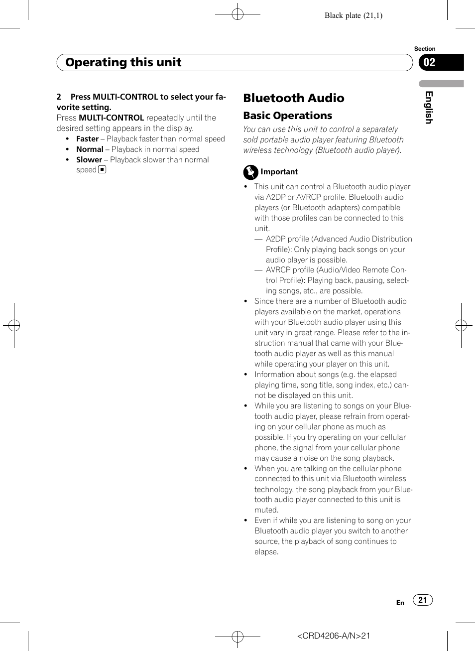 Bluetooth audio, Basic operations 21, Operating this unit | Basic operations | Pioneer Super Tuner III D DEH-P8950BT User Manual | Page 21 / 204