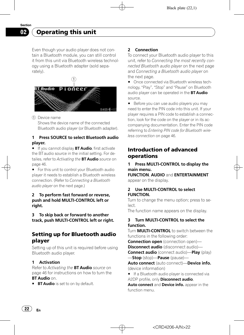 Setting up for bluetooth audio, Player, Introduction of advanced | Operations, Operating this unit, Setting up for bluetooth audio player, Introduction of advanced operations | Pioneer Super Tuner III D DEH-P8950BT User Manual | Page 22 / 204